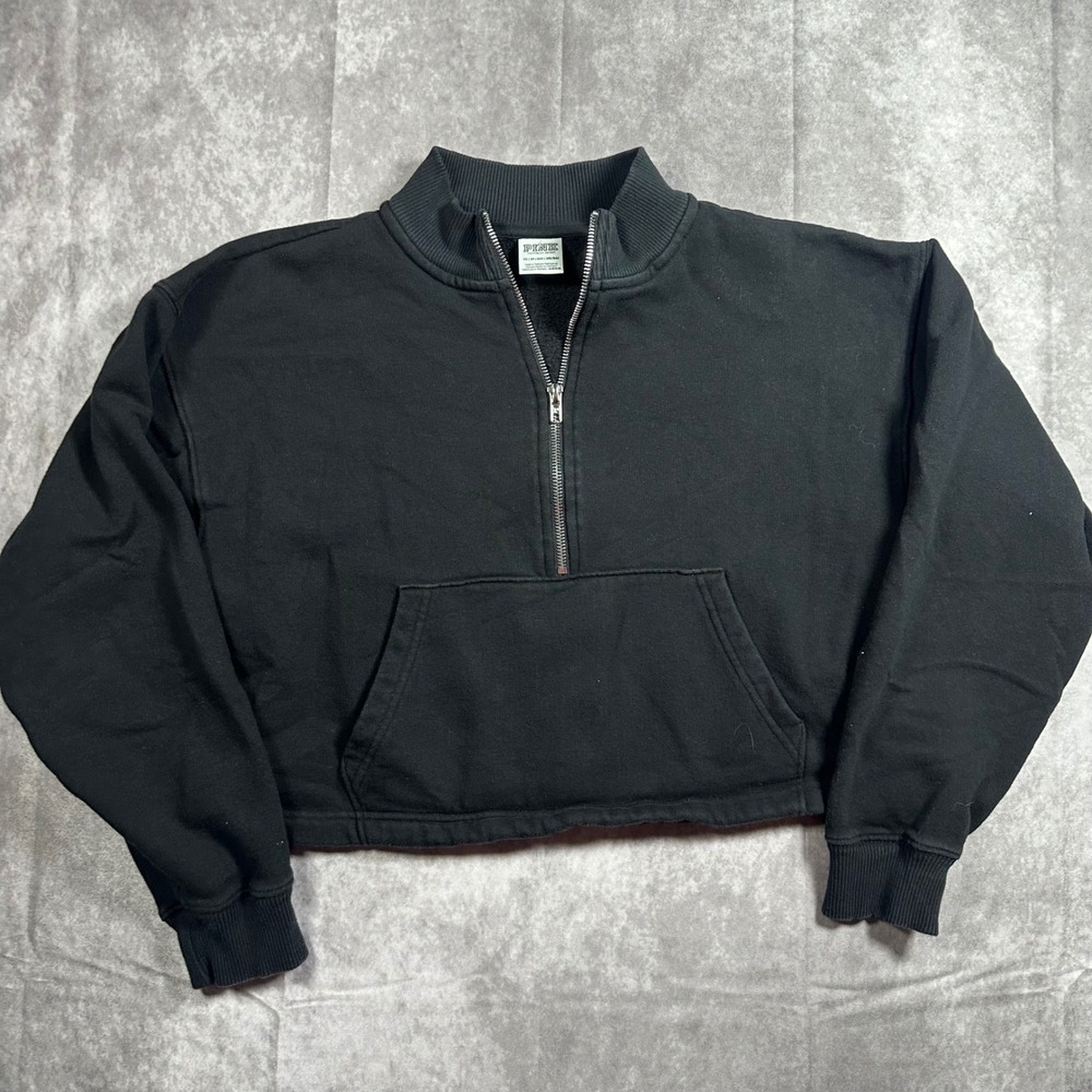 PINK Victoria's Secret‎ Black Quarter Zip Cropped Sweatshirt XS Fleece Pullover